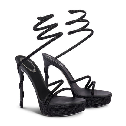Women's Black Glitter Platform Stiletto Sandals - Sexy Strappy Lace-Up Open Toe High Heels