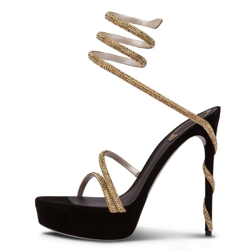 Women's Black Glitter Platform Stiletto Sandals - Sexy Strappy Lace-Up Open Toe High Heels