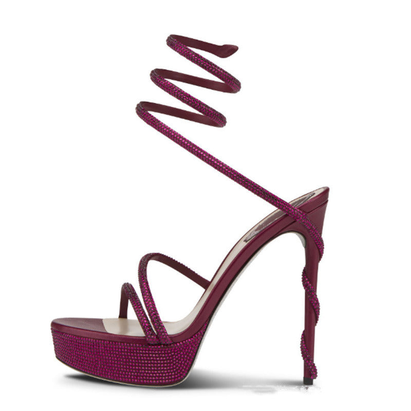 Women's Black Glitter Platform Stiletto Sandals - Sexy Strappy Lace-Up Open Toe High Heels