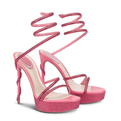 Women's Black Glitter Platform Stiletto Sandals - Sexy Strappy Lace-Up Open Toe High Heels