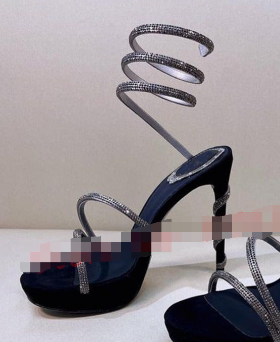 Women's Black Glitter Platform Stiletto Sandals - Sexy Strappy Lace-Up Open Toe High Heels