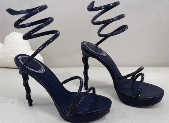 Women's Black Glitter Platform Stiletto Sandals - Sexy Strappy Lace-Up Open Toe High Heels