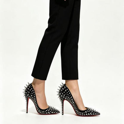 Women's Black Stiletto Pumps Red Sole Pointed Toe Rivet Spike High Heels