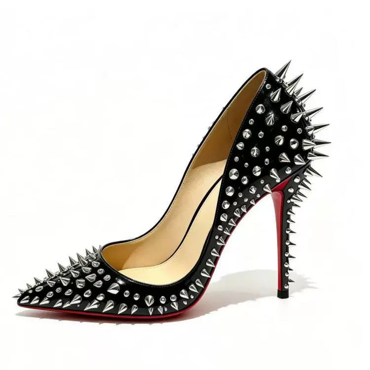 Women's Black Stiletto Pumps Red Sole Pointed Toe Rivet Spike High Heels