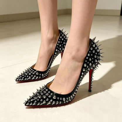 Women's Black Stiletto Pumps Red Sole Pointed Toe Rivet Spike High Heels