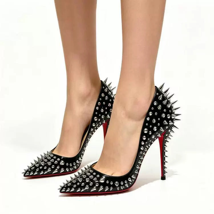 Women's Black Stiletto Pumps Red Sole Pointed Toe Rivet Spike High Heels