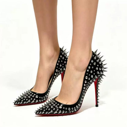 Women's Black Stiletto Pumps Red Sole Pointed Toe Rivet Spike High Heels