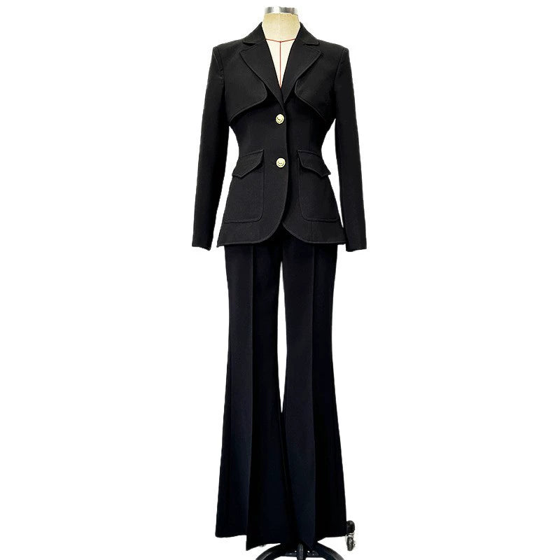 Women’s Black Two Piece Pant Suit | Gold Button Blazer & Flared Pants Set