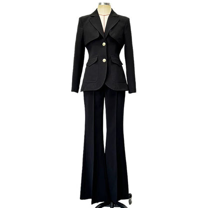 Women’s Black Two Piece Pant Suit | Gold Button Blazer & Flared Pants Set