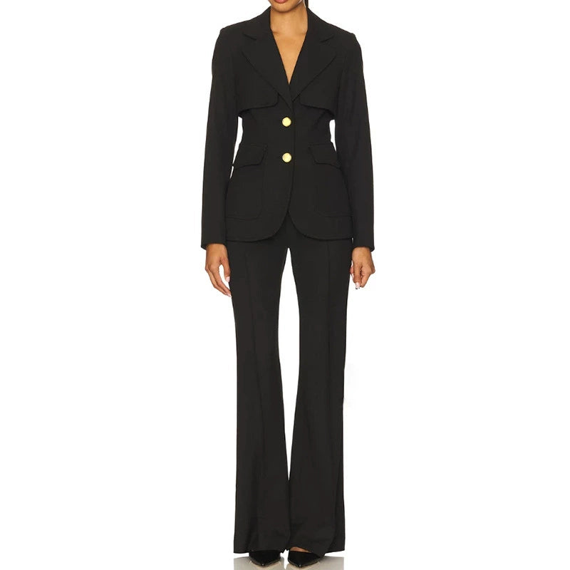 Women’s Black Two Piece Pant Suit | Gold Button Blazer & Flared Pants Set
