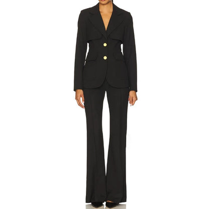 Women’s Black Two Piece Pant Suit | Gold Button Blazer & Flared Pants Set