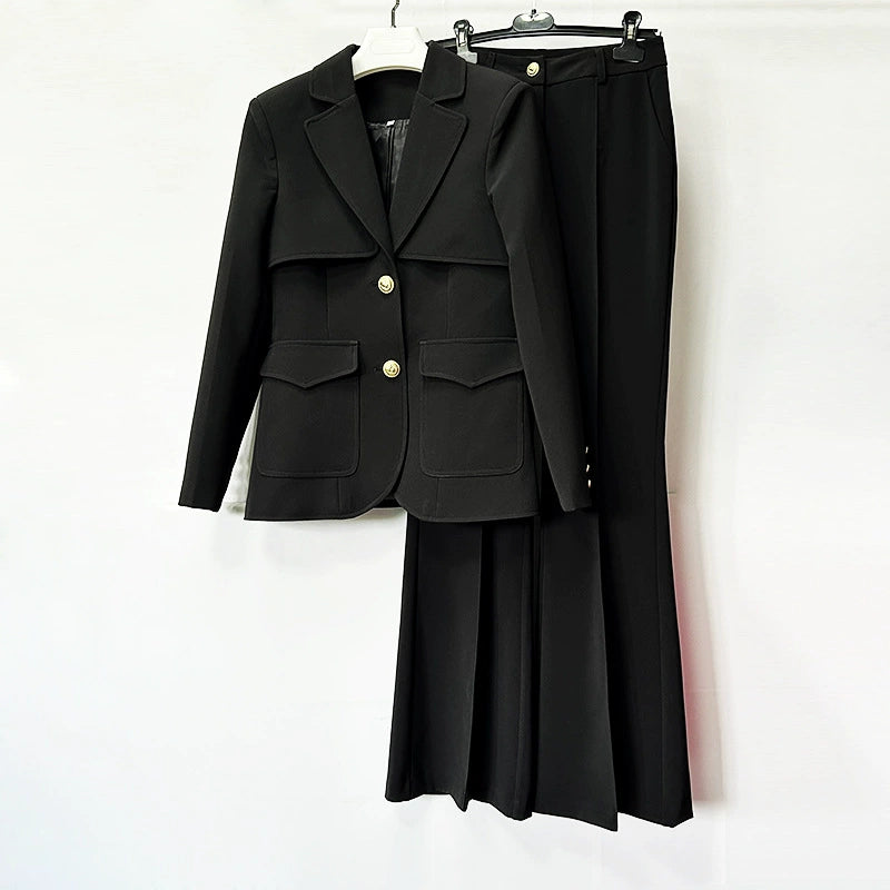 Women’s Black Two Piece Pant Suit | Gold Button Blazer & Flared Pants Set