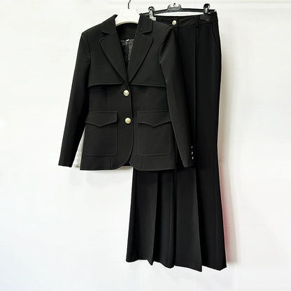 Women’s Black Two Piece Pant Suit | Gold Button Blazer & Flared Pants Set