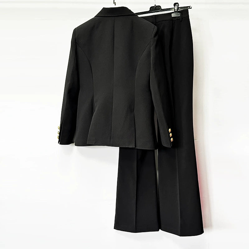 Women’s Black Two Piece Pant Suit | Gold Button Blazer & Flared Pants Set
