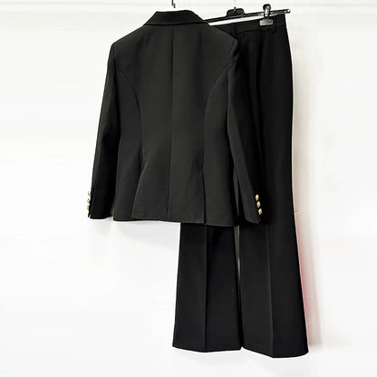 Women’s Black Two Piece Pant Suit | Gold Button Blazer & Flared Pants Set
