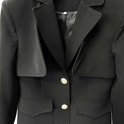 Women’s Black Two Piece Pant Suit | Gold Button Blazer & Flared Pants Set
