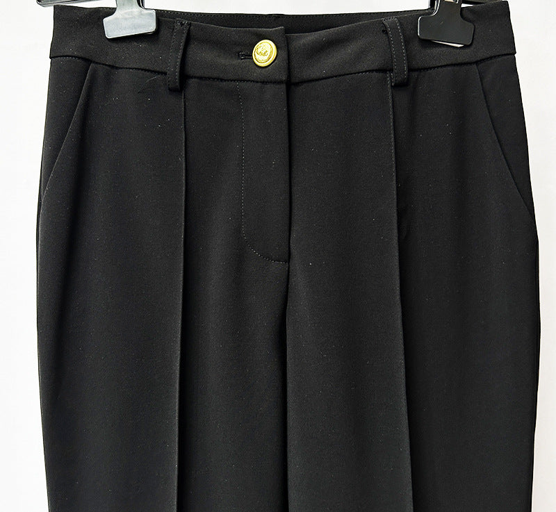 Women’s Black Two Piece Pant Suit | Gold Button Blazer & Flared Pants Set