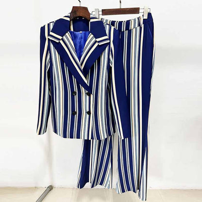 Women's Blue Striped Flared Pantsuit Two Pieces Formal Set Party Suit