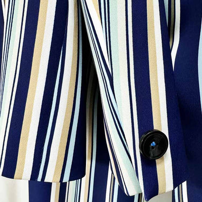 Women's Blue Striped Flared Pantsuit Two Pieces Formal Set Party Suit