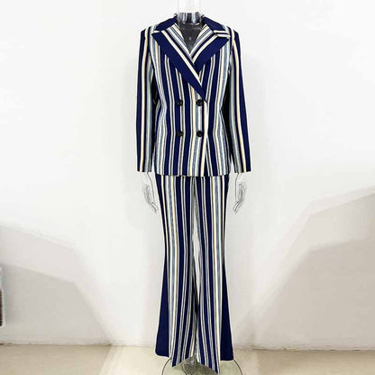 Women's Blue Striped Flared Pantsuit Two Pieces Formal Set Party Suit