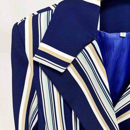 Women's Blue Striped Flared Pantsuit Two Pieces Formal Set Party Suit