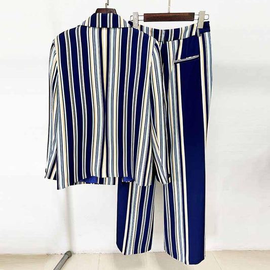 Women's Blue Striped Flared Pantsuit Two Pieces Formal Set Party Suit