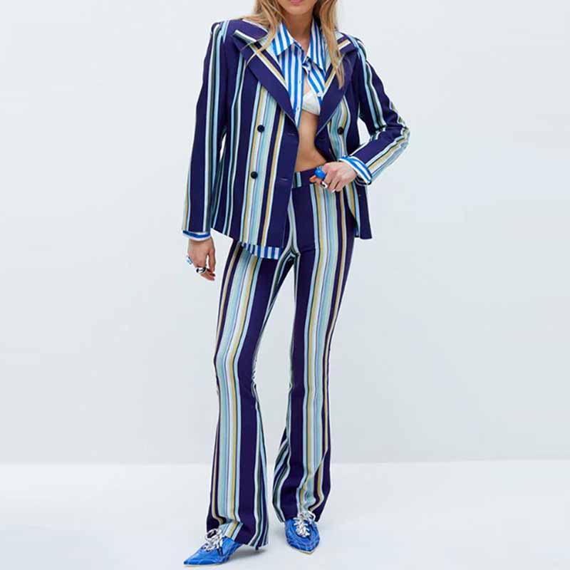 Women's Blue Striped Flared Pantsuit Two Pieces Formal Set Party Suit