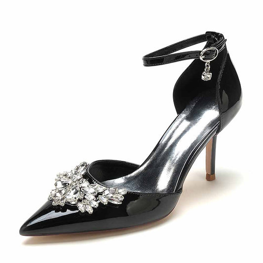 Women's Bridal Heels Rhinestone Low Heel Ankle Strap Stiletto Wedding Shoes