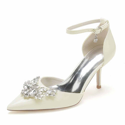 Women's Bridal Heels Rhinestone Low Heel Ankle Strap Stiletto Wedding Shoes