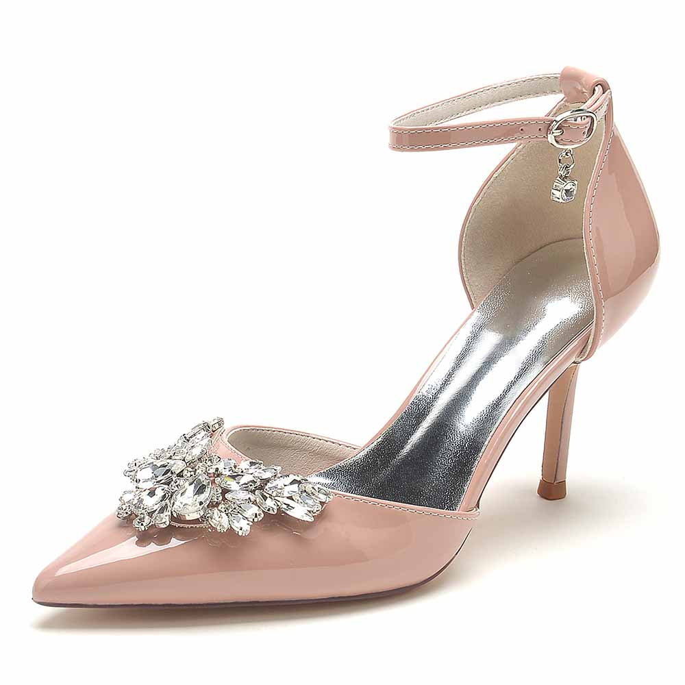 Women's Bridal Heels Rhinestone Low Heel Ankle Strap Stiletto Wedding Shoes