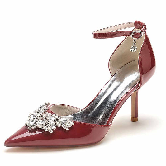 Women's Bridal Heels Rhinestone Low Heel Ankle Strap Stiletto Wedding Shoes