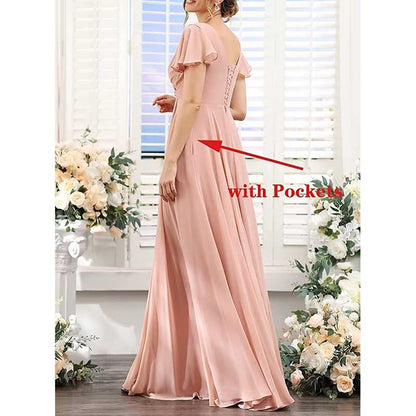 Women's Bridesmaid Dresses Chiffon Short Sleeves Wedding Guest Dress with Pockets