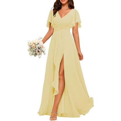 Women's Bridesmaid Dresses Chiffon Short Sleeves Wedding Guest Dress with Pockets