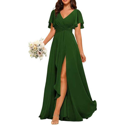 Women's Bridesmaid Dresses Chiffon Short Sleeves Wedding Guest Dress with Pockets