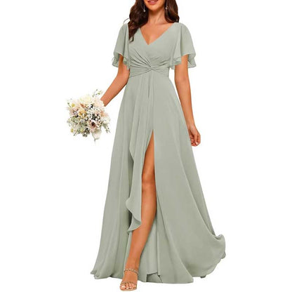 Women's Bridesmaid Dresses Chiffon Short Sleeves Wedding Guest Dress with Pockets