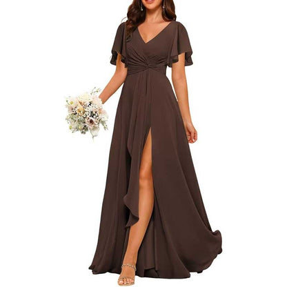 Women's Bridesmaid Dresses Chiffon Short Sleeves Wedding Guest Dress with Pockets