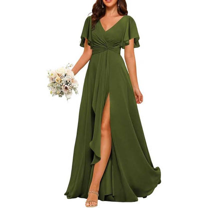 Women's Bridesmaid Dresses Chiffon Short Sleeves Wedding Guest Dress with Pockets