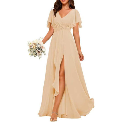 Women's Bridesmaid Dresses Chiffon Short Sleeves Wedding Guest Dress with Pockets