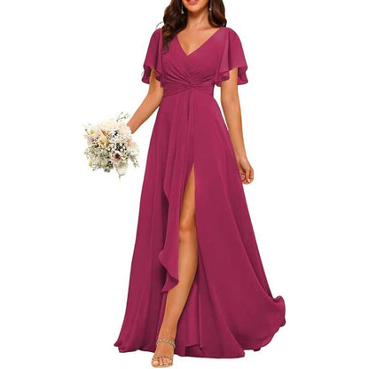 Women's Bridesmaid Dresses Chiffon Short Sleeves Wedding Guest Dress with Pockets