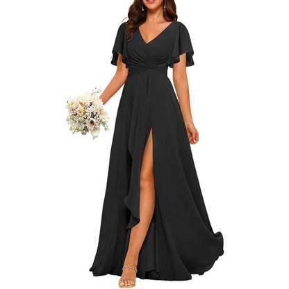 Women's Bridesmaid Dresses Chiffon Short Sleeves Wedding Guest Dress with Pockets