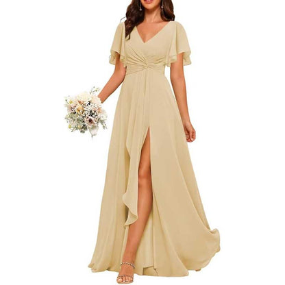 Women's Bridesmaid Dresses Chiffon Short Sleeves Wedding Guest Dress with Pockets