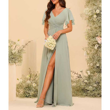 Women's Bridesmaid Dresses Chiffon Short Sleeves Wedding Guest Dress with Pockets