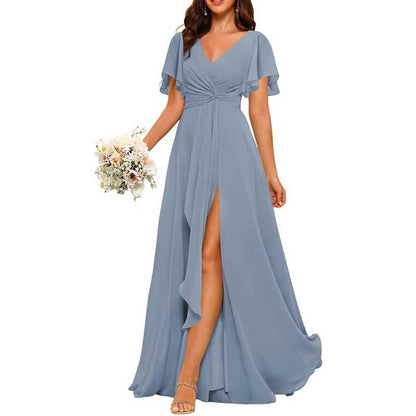 Women's Bridesmaid Dresses Chiffon Short Sleeves Wedding Guest Dress with Pockets