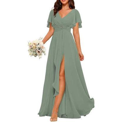 Women's Bridesmaid Dresses Chiffon Short Sleeves Wedding Guest Dress with Pockets