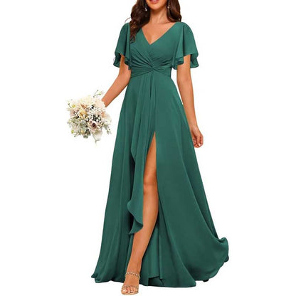 Women's Bridesmaid Dresses Chiffon Short Sleeves Wedding Guest Dress with Pockets