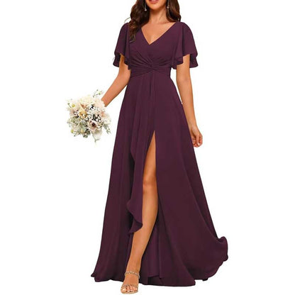 Women's Bridesmaid Dresses Chiffon Short Sleeves Wedding Guest Dress with Pockets