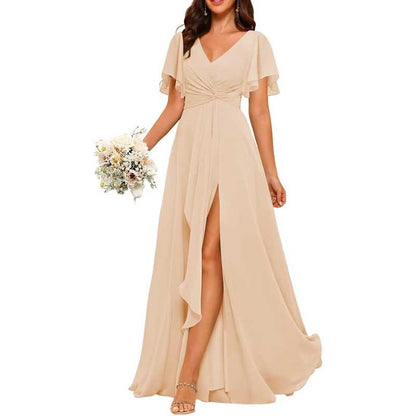 Women's Bridesmaid Dresses Chiffon Short Sleeves Wedding Guest Dress with Pockets