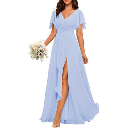 Women's Bridesmaid Dresses Chiffon Short Sleeves Wedding Guest Dress with Pockets