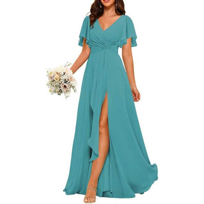 Women's Bridesmaid Dresses Chiffon Short Sleeves Wedding Guest Dress with Pockets