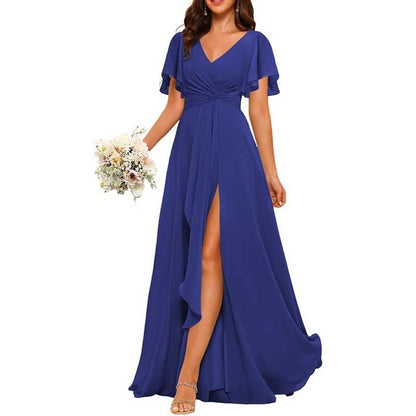 Women's Bridesmaid Dresses Chiffon Short Sleeves Wedding Guest Dress with Pockets